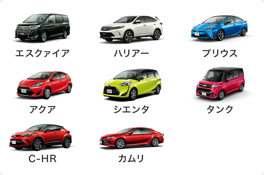 対象車種 エスクァイア・ハリアー・プリウス・アクア・シエンタ・タンク・C-HR・カムリ